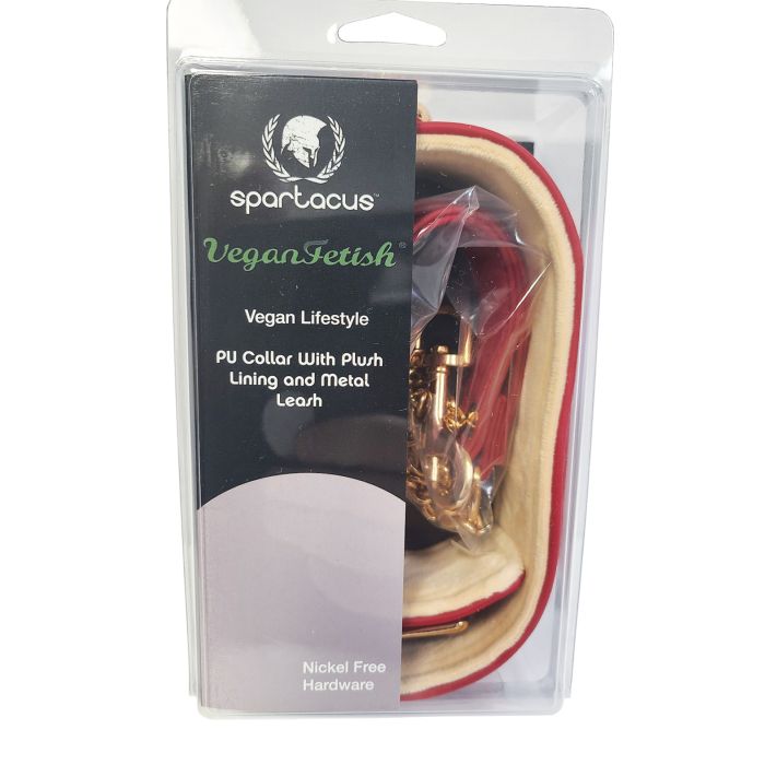 Spartacus Plush Lined PU Collar & Chained Leash - Red